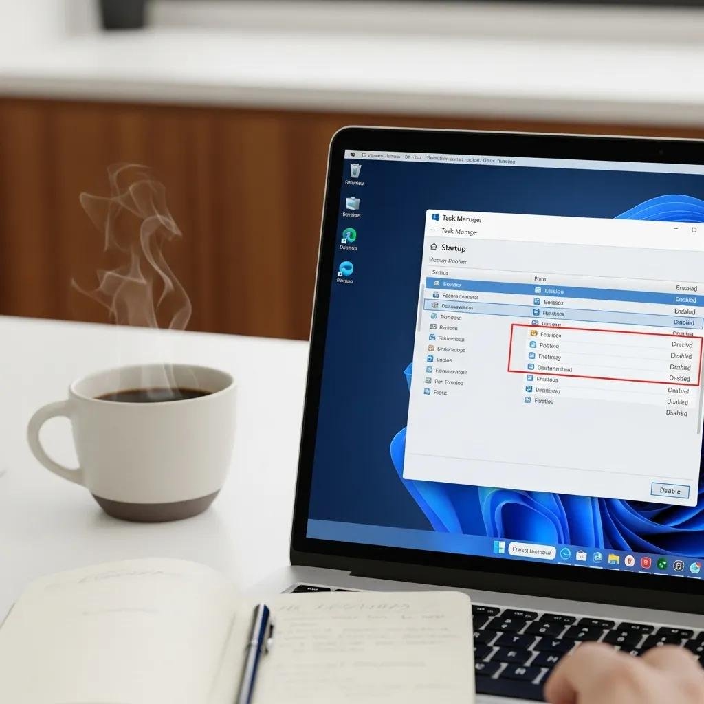 Laptop screen showing Task Manager's Startup tab for managing startup programs