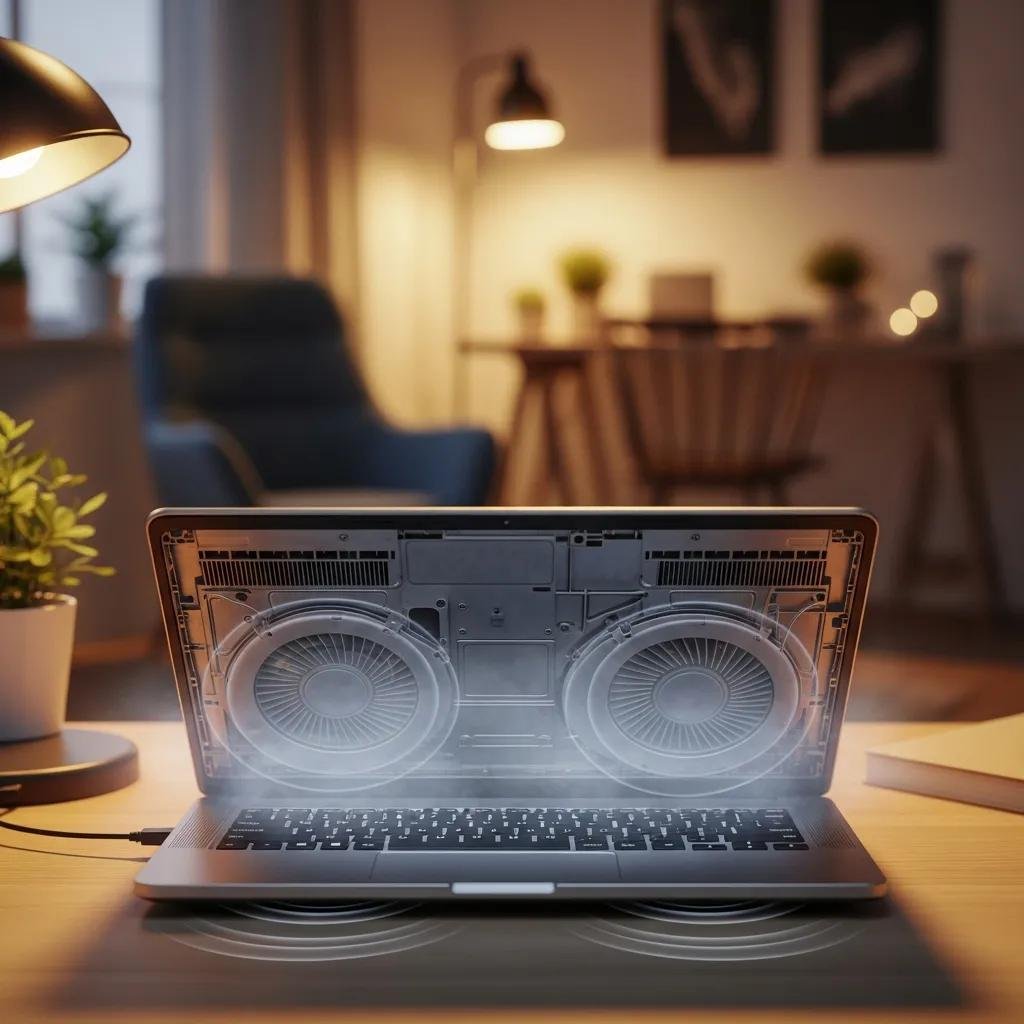 Laptop showing signs of overheating in a home office setting
