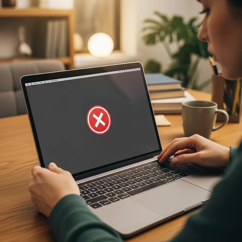 MacBook displaying a macOS error message in a cozy workspace