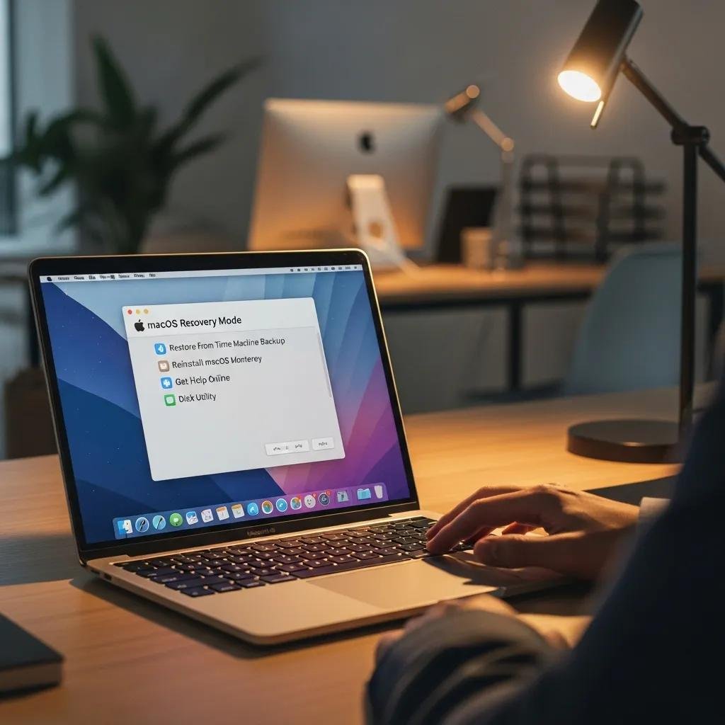 MacBook displaying macOS Recovery Mode with a technician's hand ready to troubleshoot boot issues