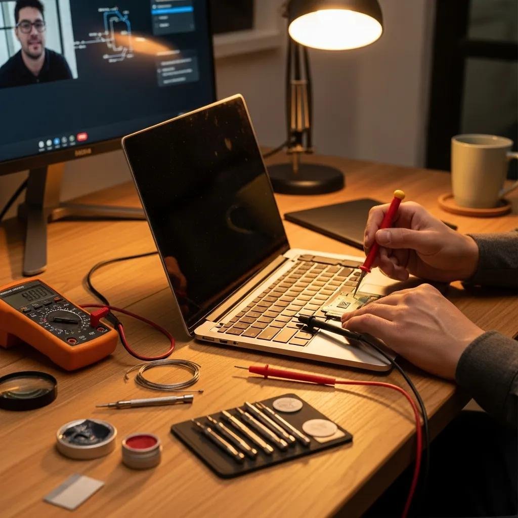 MacBook Pro being repaired with tools on a wooden desk, representing remote troubleshooting and repair services