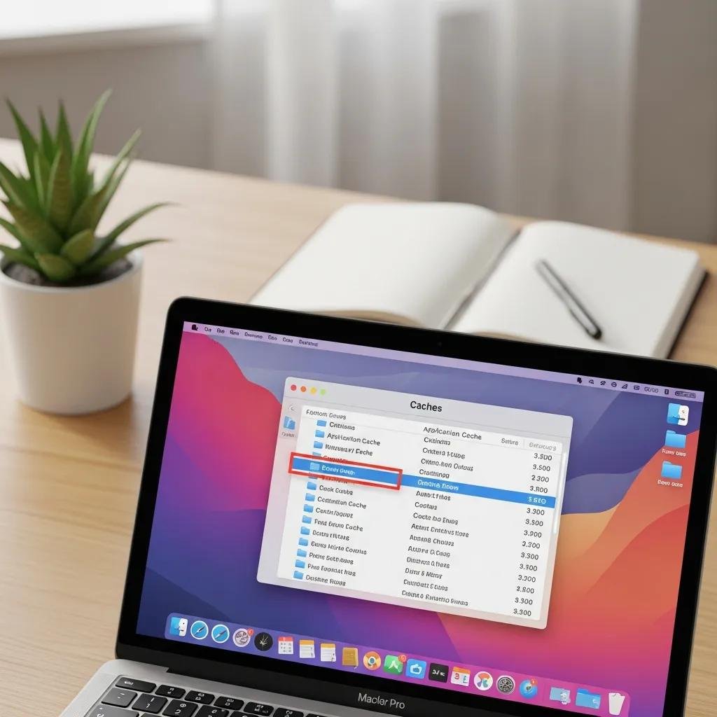 MacBook screen displaying Finder with Caches folder open, demonstrating cache clearing for improved performance