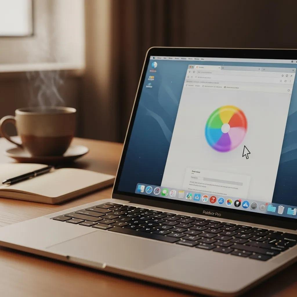 MacBook with frozen application screen and spinning beachball cursor in a cozy workspace