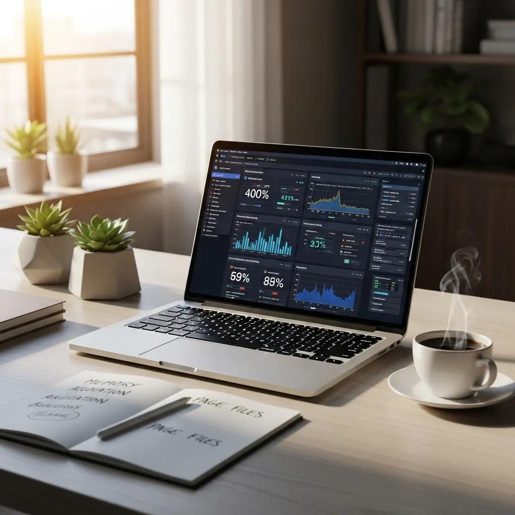 Modern computer setup illustrating virtual memory optimization with performance metrics on screen