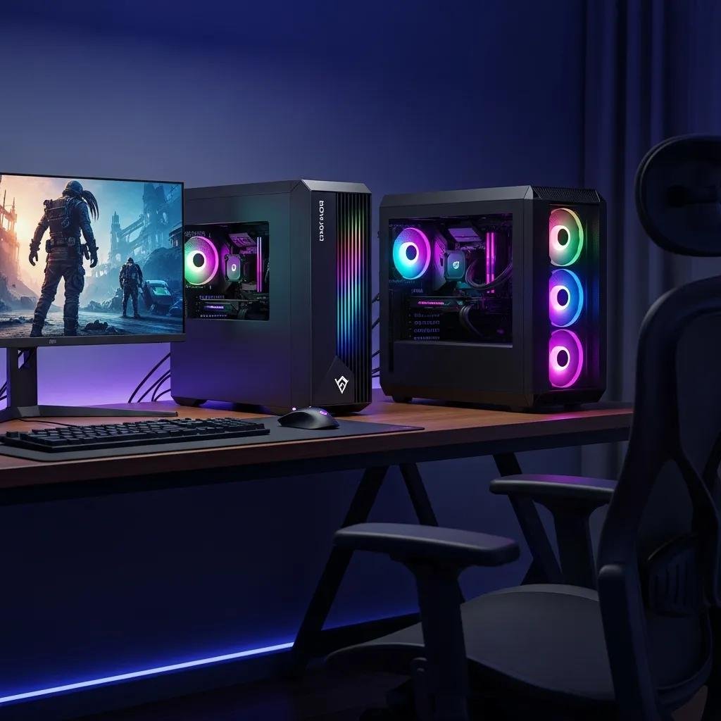Modern desktop computer setup showcasing pre-built and custom PCs with vibrant RGB lighting