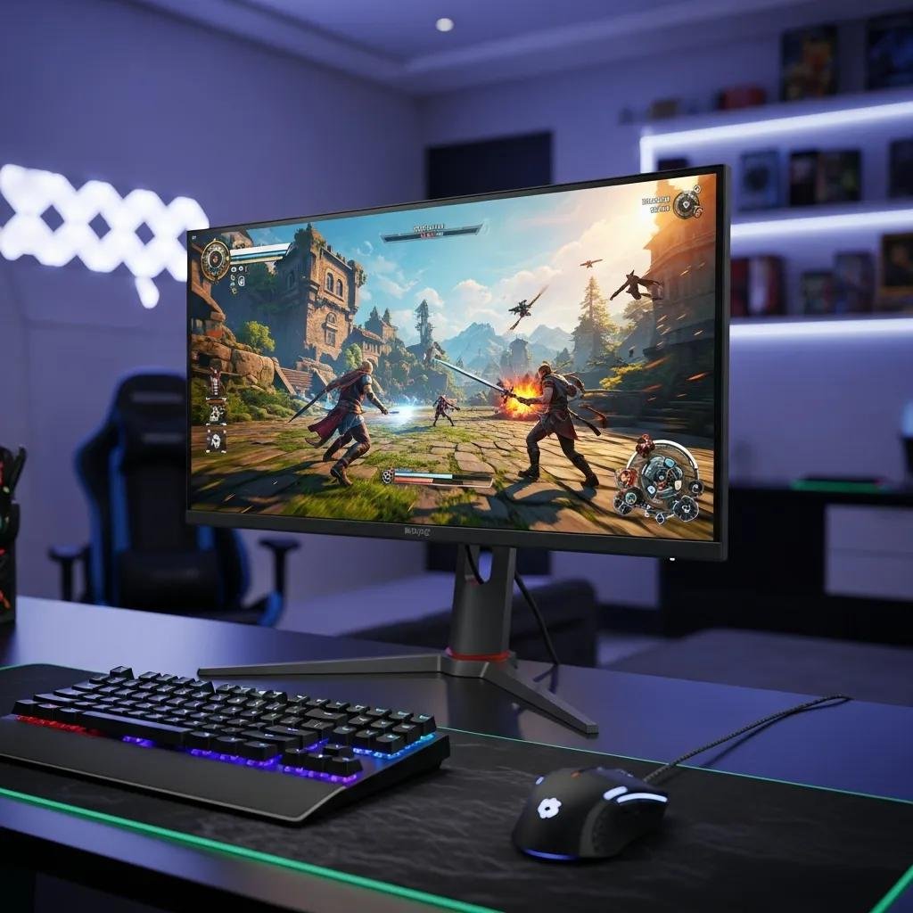 Modern gaming monitor showcasing vibrant graphics, emphasizing high refresh rate for gaming