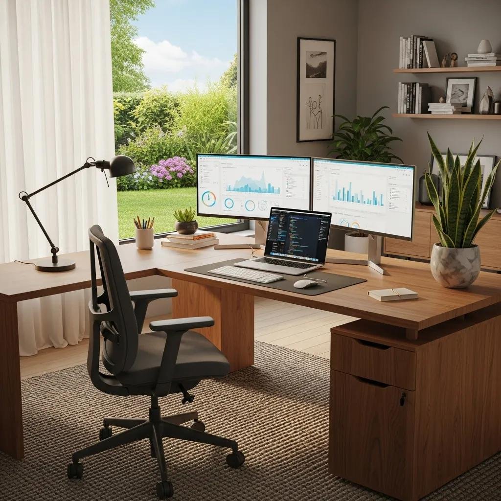 Modern home office setup with laptop, dual monitors, and ergonomic chair for remote work productivity