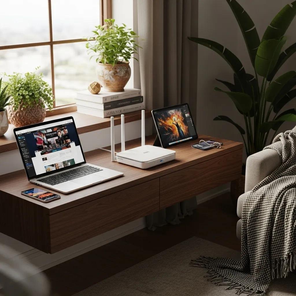 Modern living room with a centrally placed Wi-Fi router and smart devices, illustrating optimal router placement for better signal