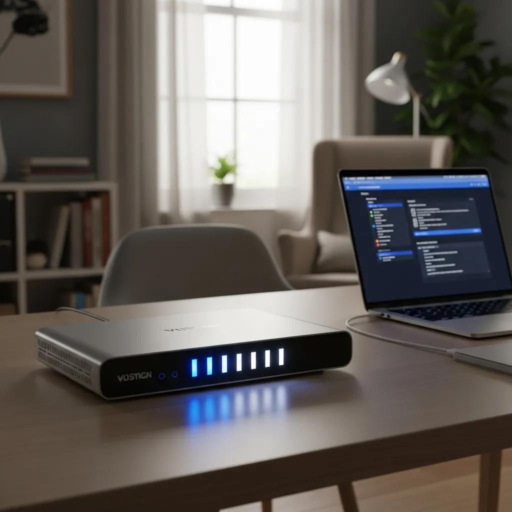 Modern router with LED indicators, emphasizing its role in Mac Wi-Fi connectivity