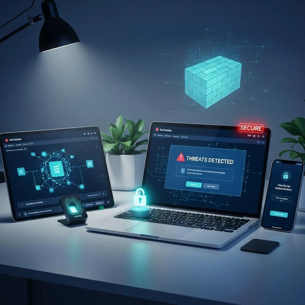 Modern workspace showcasing devices with cybersecurity software, emphasizing advanced digital protection