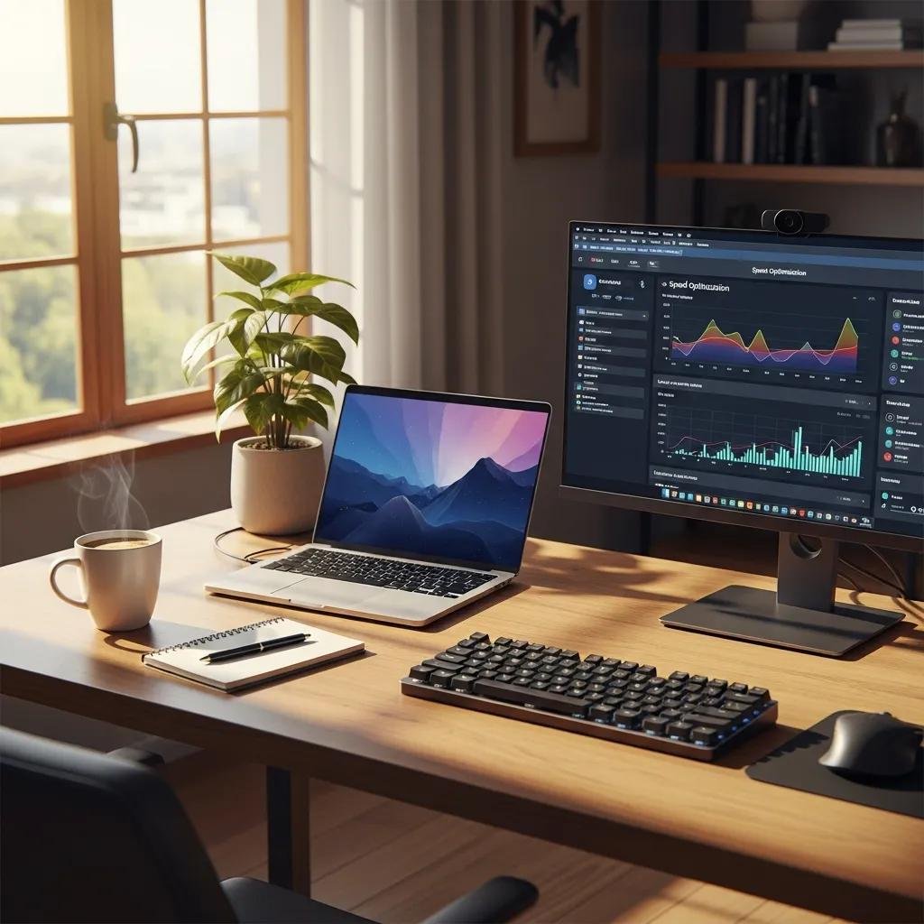 Modern workspace with a laptop and speed optimization tool, promoting computer cleaning and performance enhancement