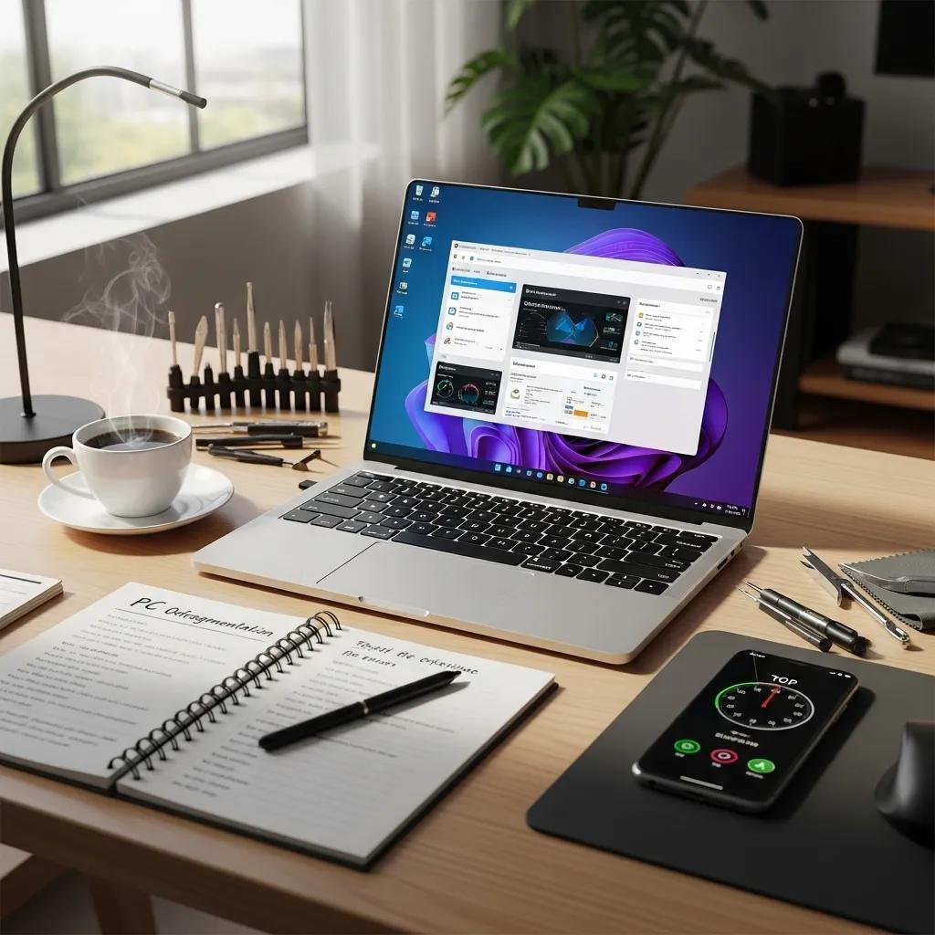 Modern workspace with a laptop and tools for Windows PC optimization
