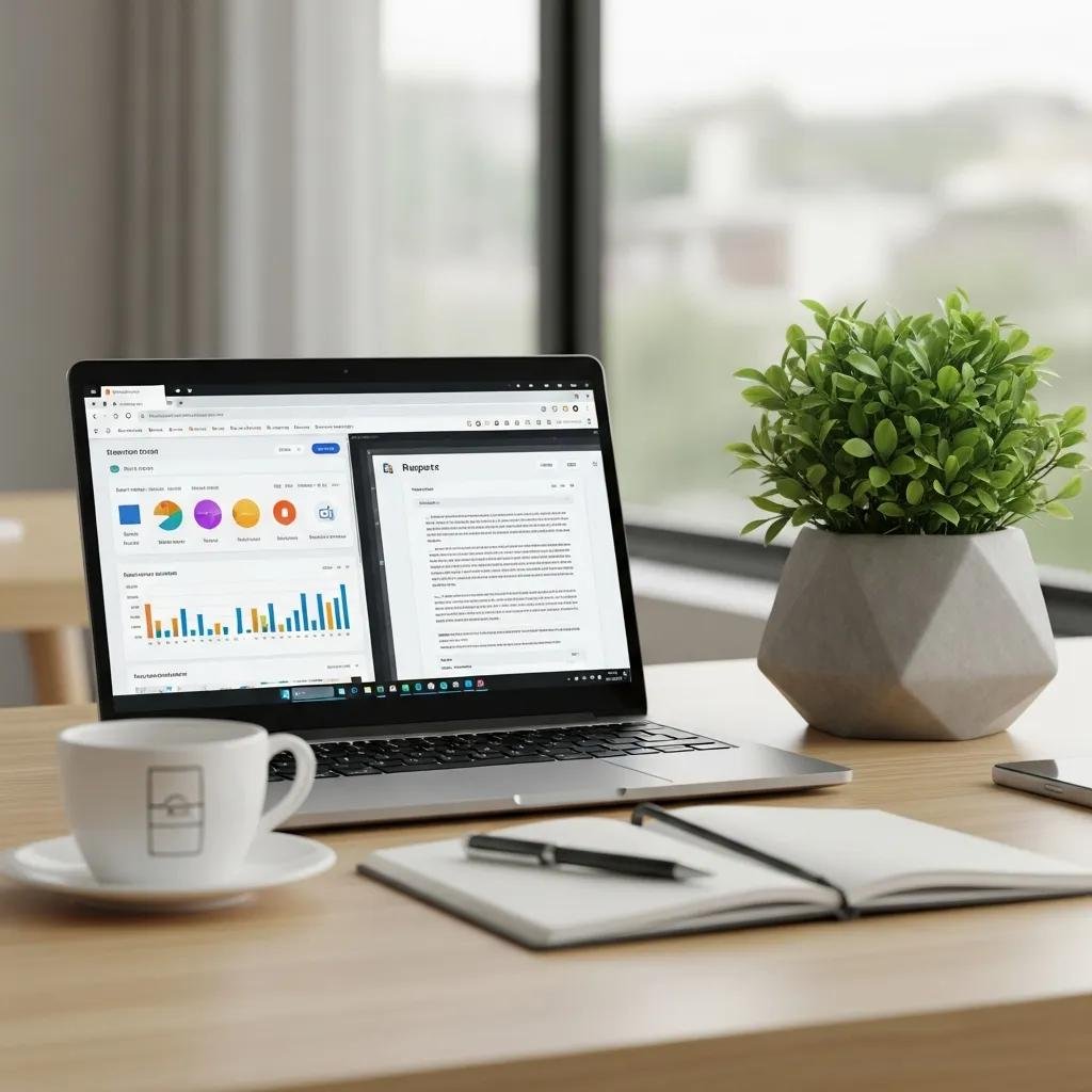 Modern workspace with a laptop demonstrating Windows Snap Assist for efficient multitasking