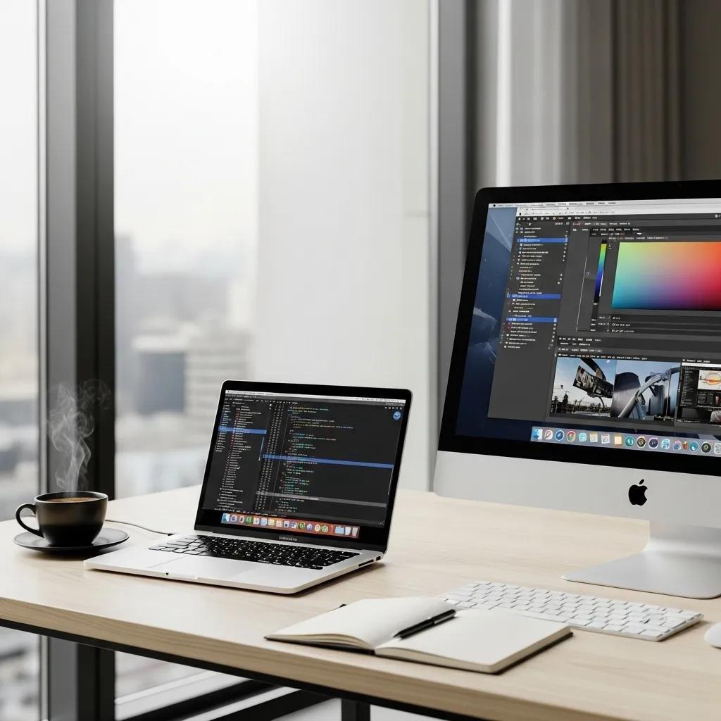 Modern workspace with MacBook and iMac, symbolizing productivity and performance optimization