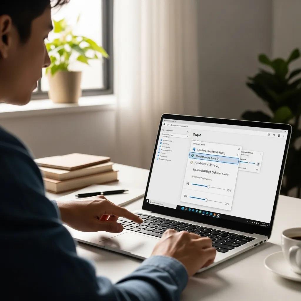 Person adjusting Windows sound settings on a laptop in a bright room