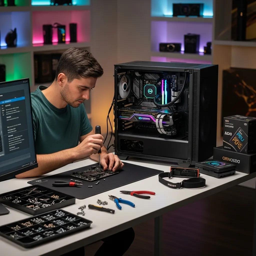 Person building a custom PC with various components in an organized workspace