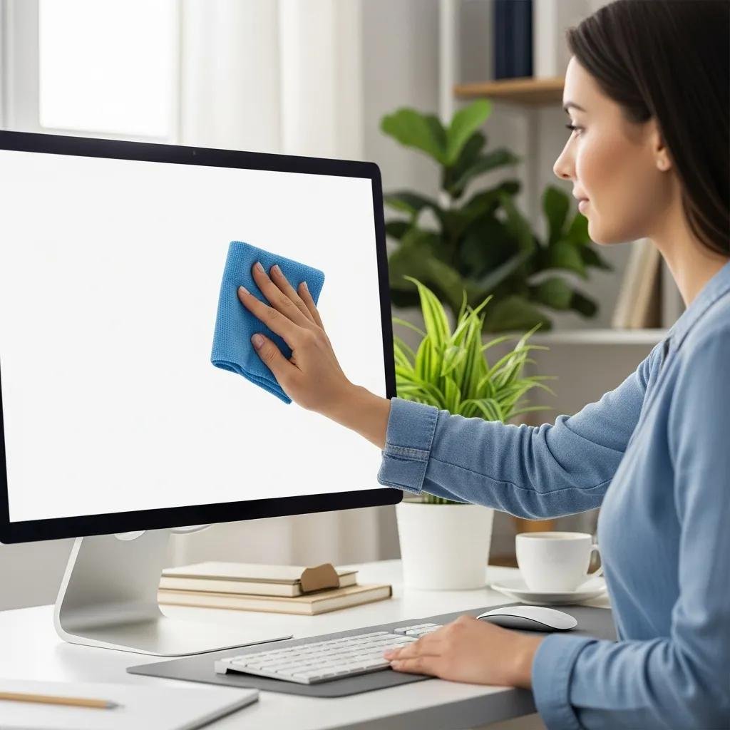 Person cleaning a computer monitor with a microfiber cloth in a cozy workspace