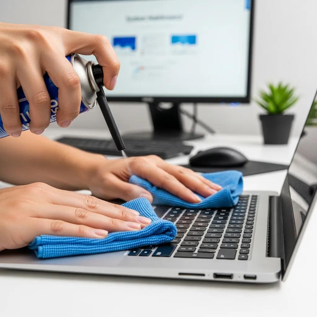 Person cleaning laptop keyboard and vents to maintain hardware