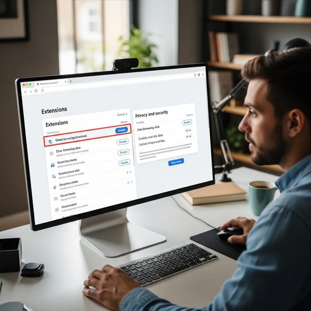 Person cleaning their browser by removing extensions and clearing data, emphasizing effective malware removal techniques