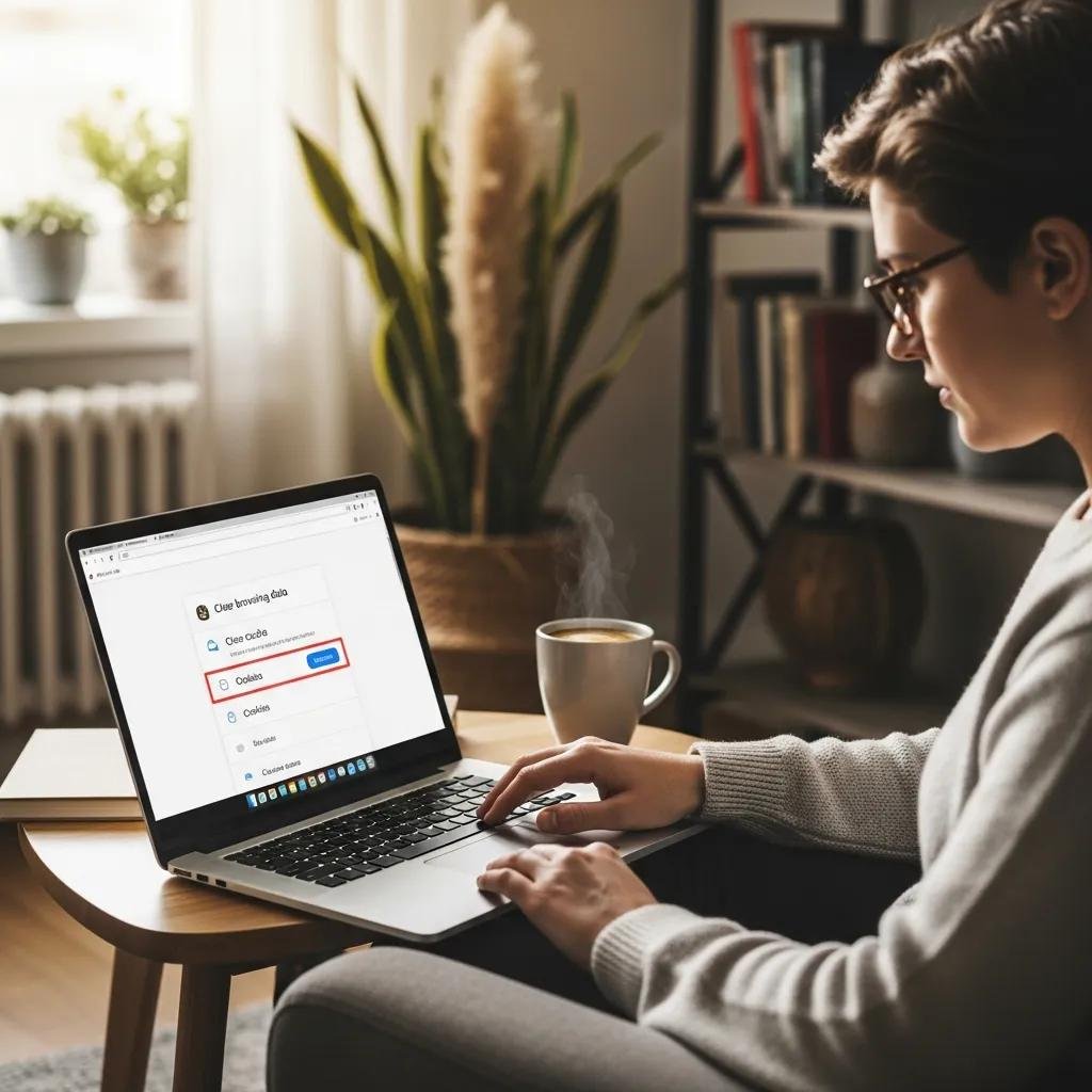Person clearing browser cache and cookies on a laptop in a cozy home setting
