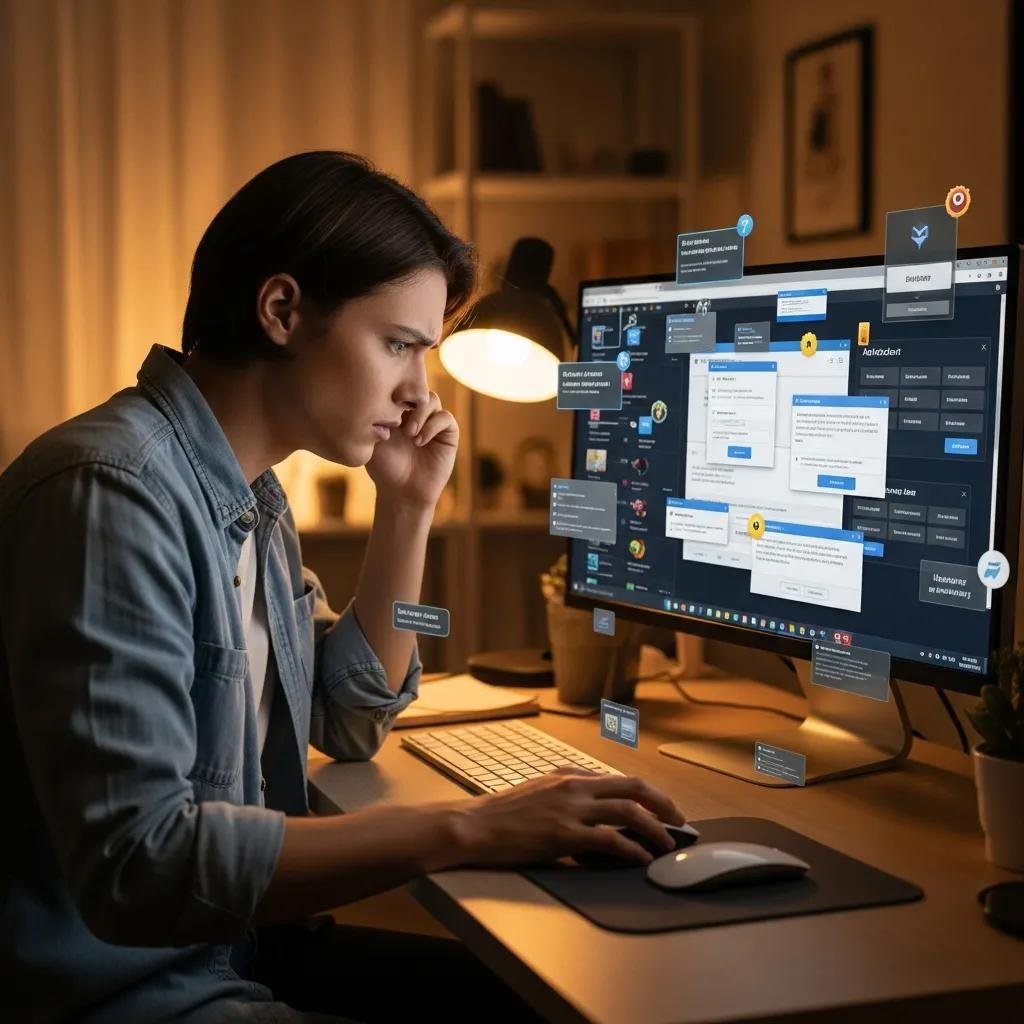 Person concerned about adware and spyware on their computer, illustrating the importance of browser security