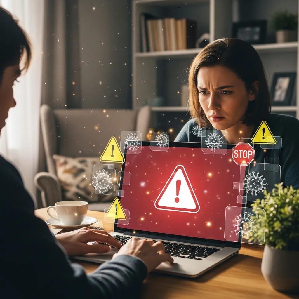 Person concerned about computer virus detection in a home office setting