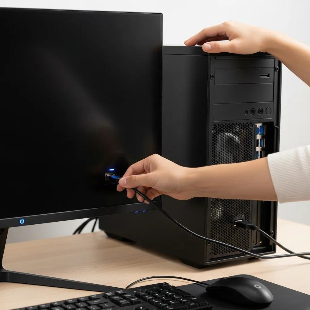 Person connecting a video cable to a monitor and computer, ensuring a secure connection