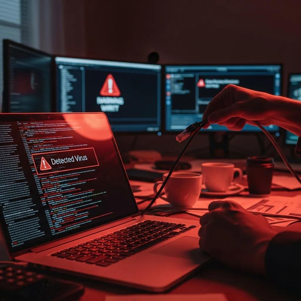 Person disconnecting laptop from the internet to prevent virus spread