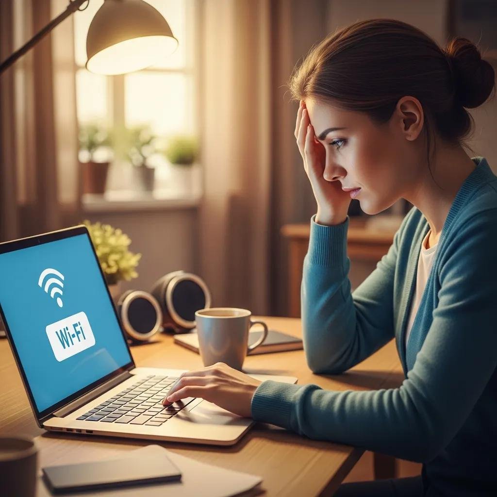Person experiencing Windows Wi-Fi connectivity issues in a cozy home office