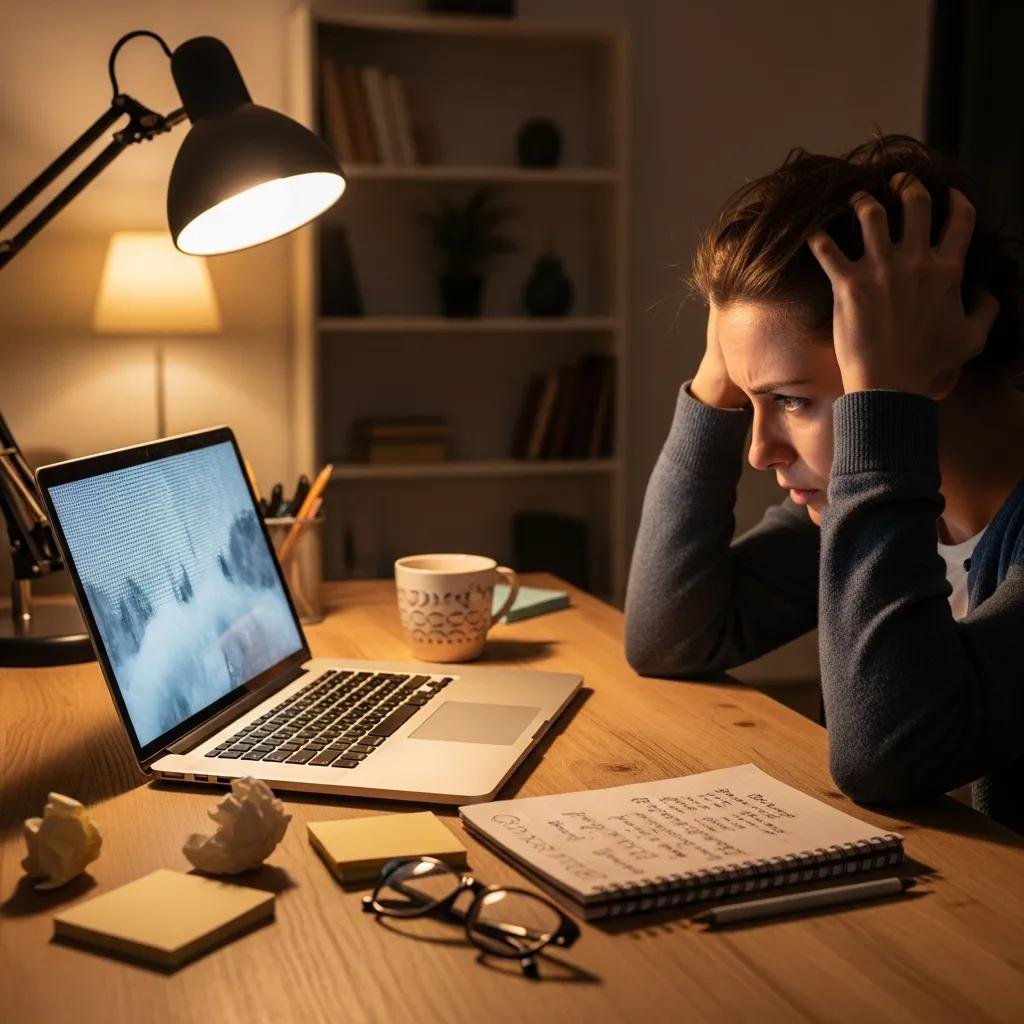 Person frustrated with a frozen computer in a cozy home office