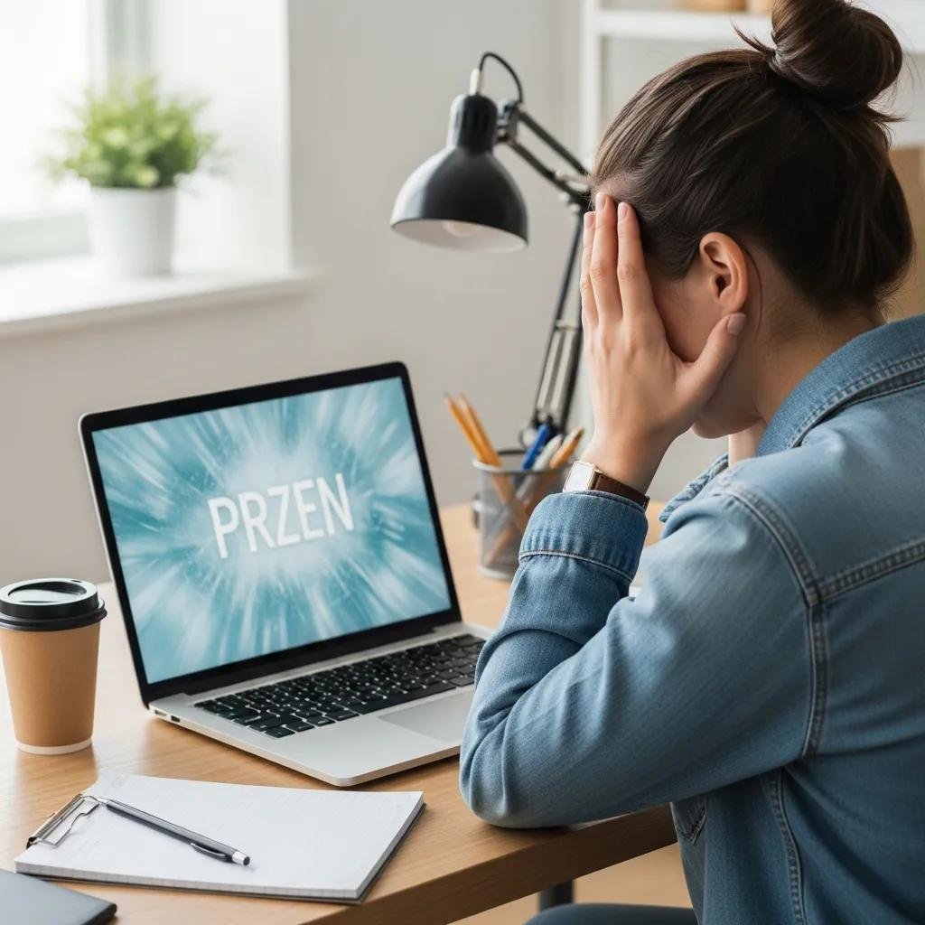 Person frustrated with a frozen computer screen in a well-lit workspace
