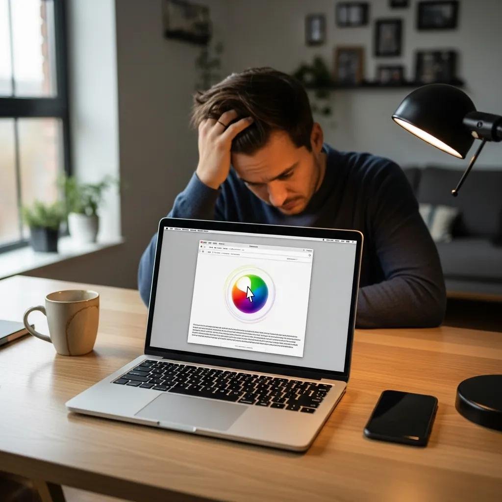 Person frustrated with Mac software issues at a modern workspace