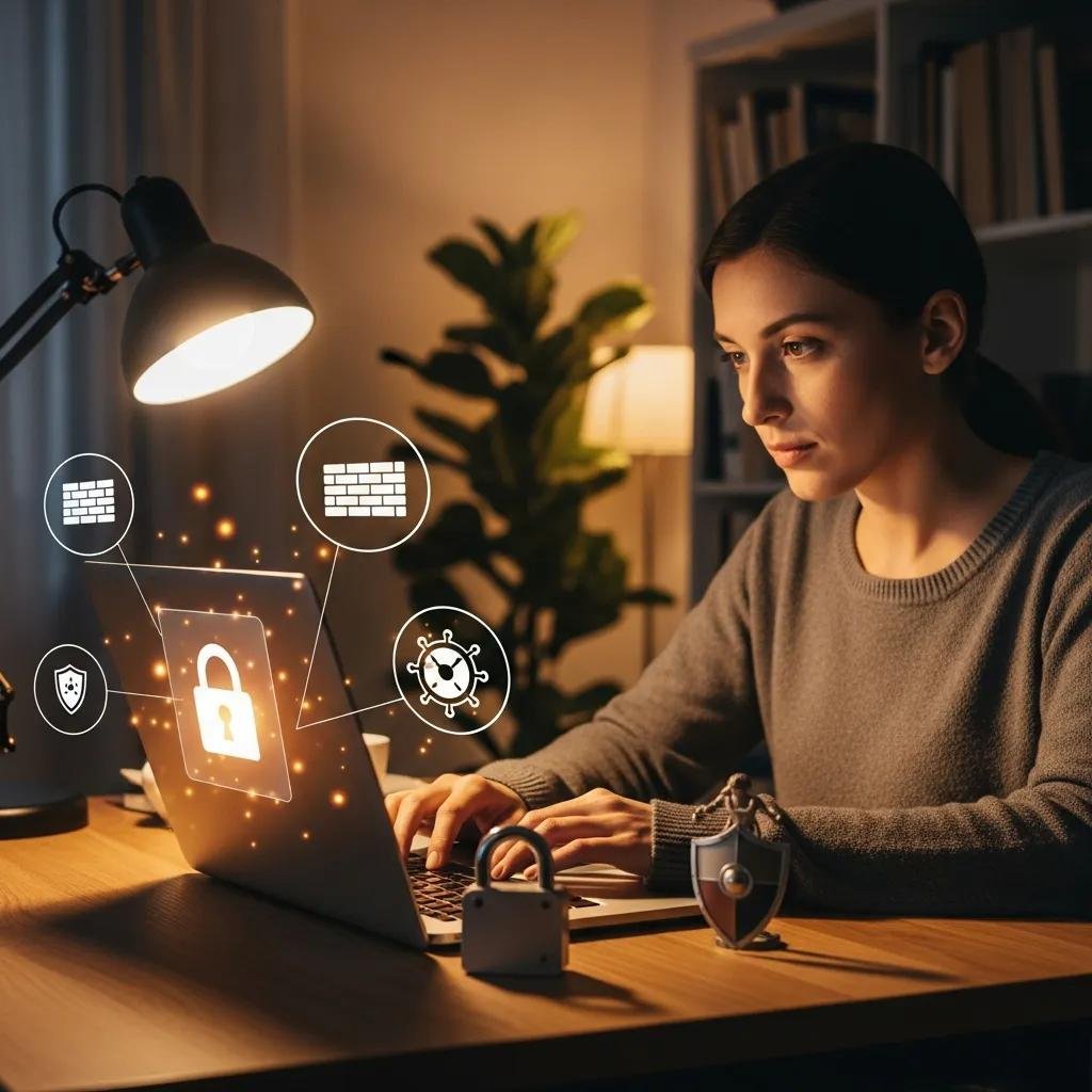 Person in a cozy home office focusing on data privacy with security symbols