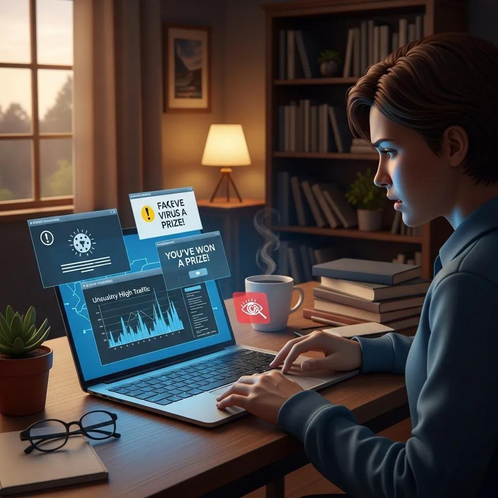 Person in a home office detecting spyware activity on their laptop, highlighting key characteristics of spyware