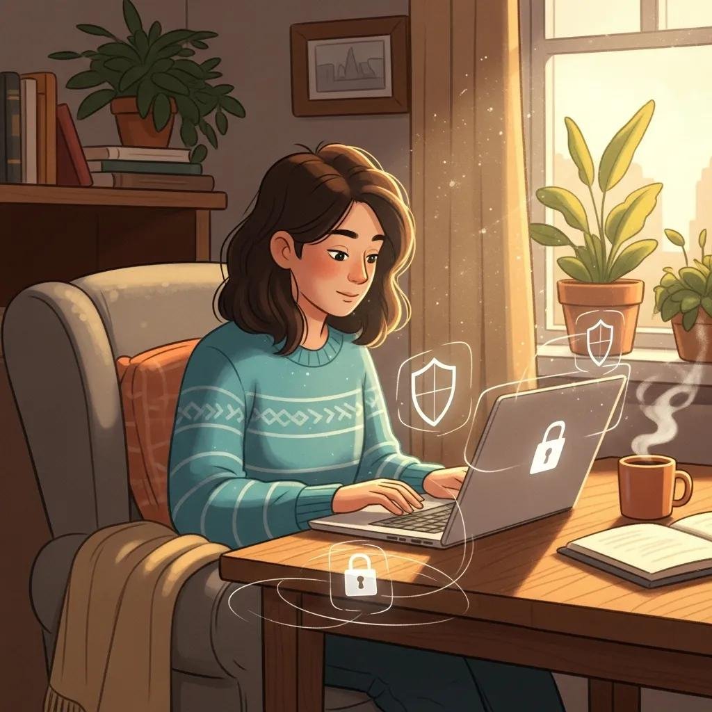 Person in a home office using a laptop, with symbols of data protection like a shield and padlock