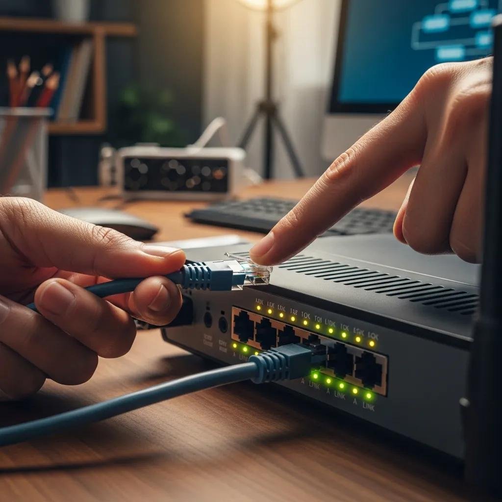 Person inspecting Ethernet cable and router connections in a home office