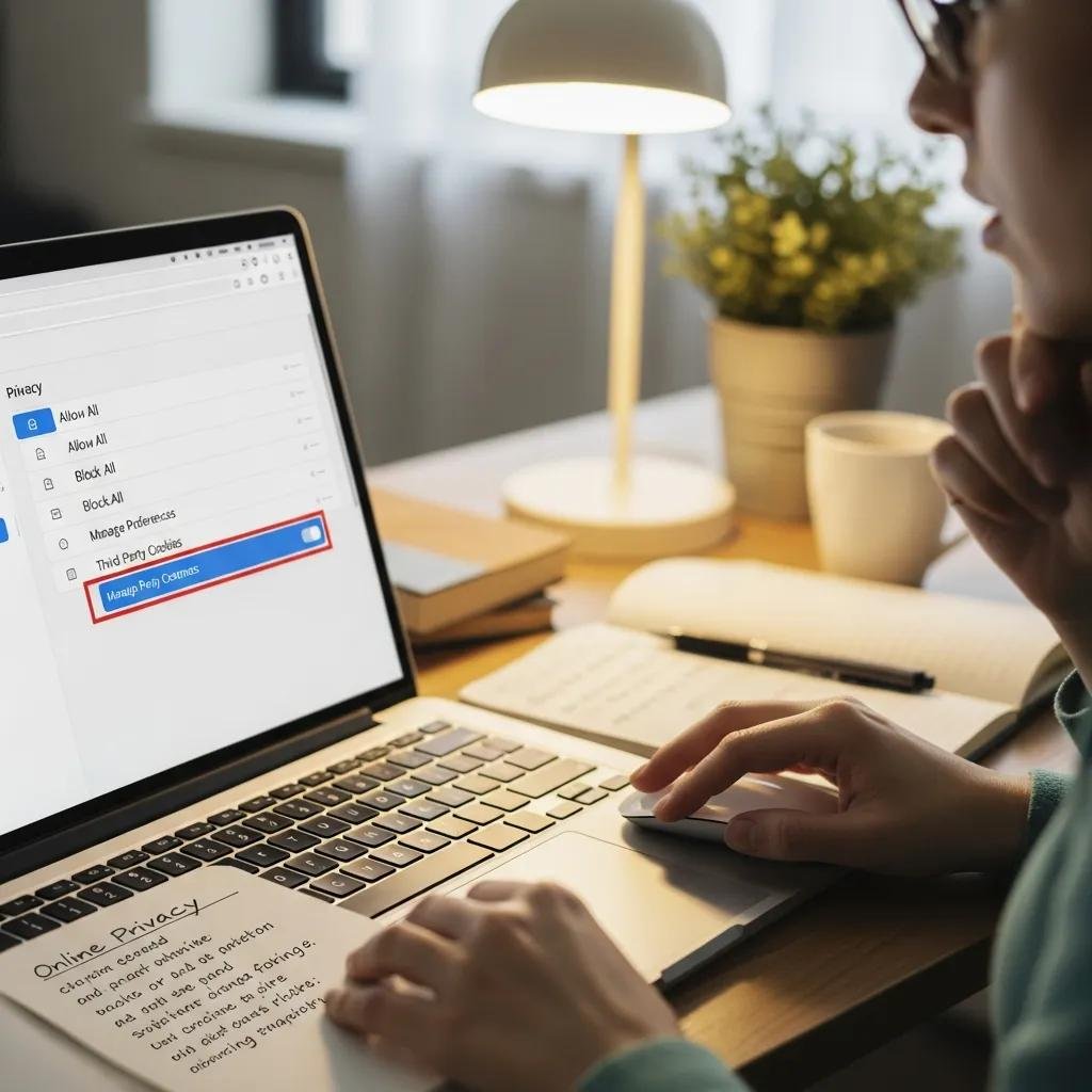 Person managing cookie settings on a laptop to enhance online privacy
