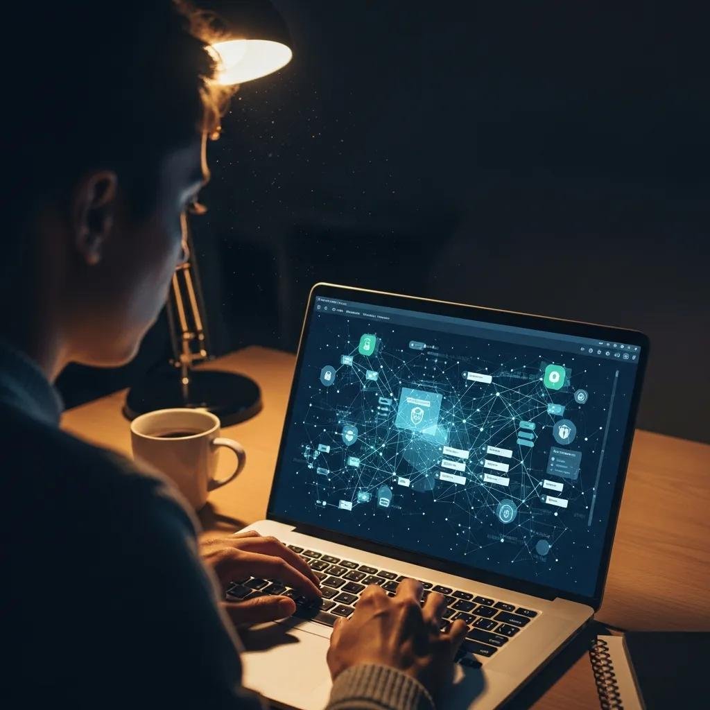 Person monitoring dark web data on a laptop in a secure environment