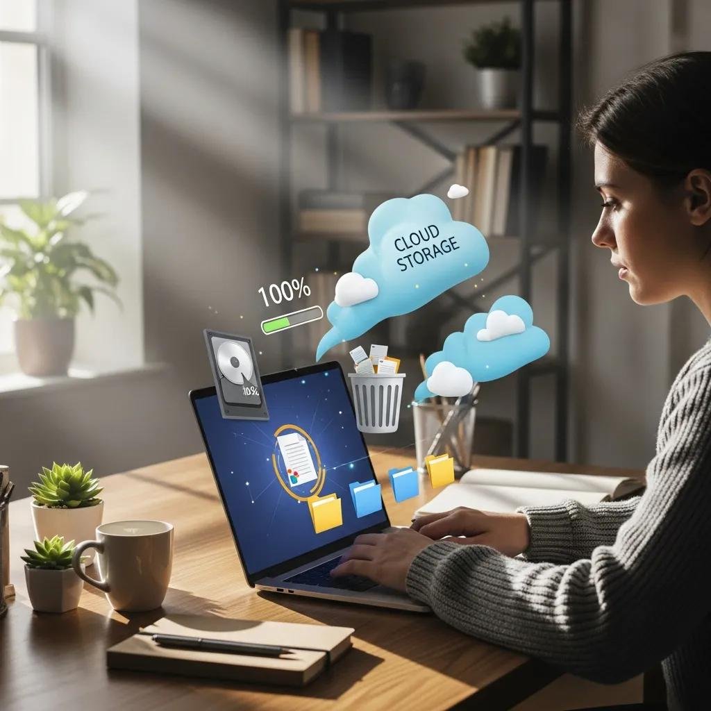 Person optimizing disk space on a laptop in a cozy home office with digital storage icons