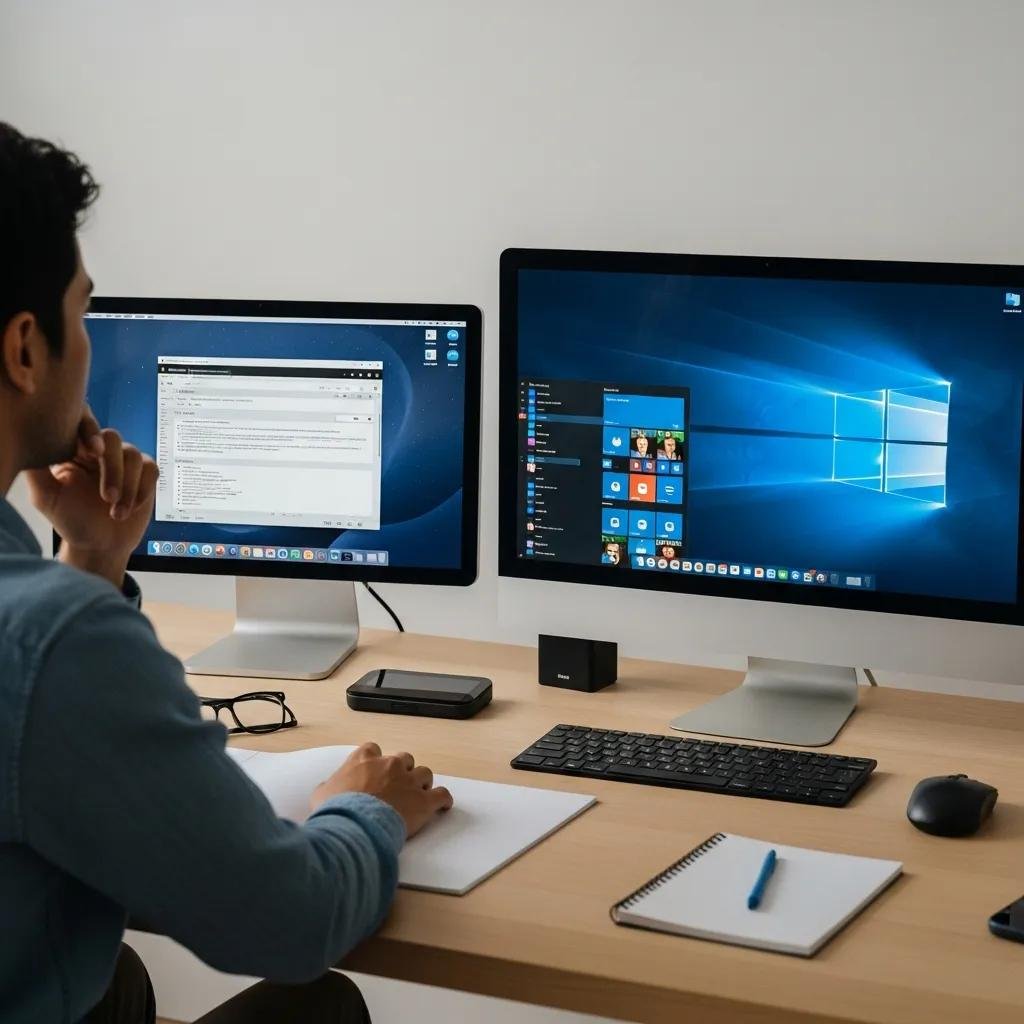 Person optimizing startup programs on Mac and Windows PCs in a clean workspace