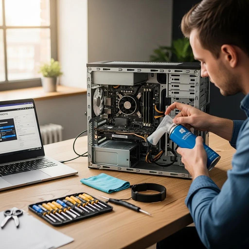 Person performing Windows PC maintenance with tools in a clean workspace