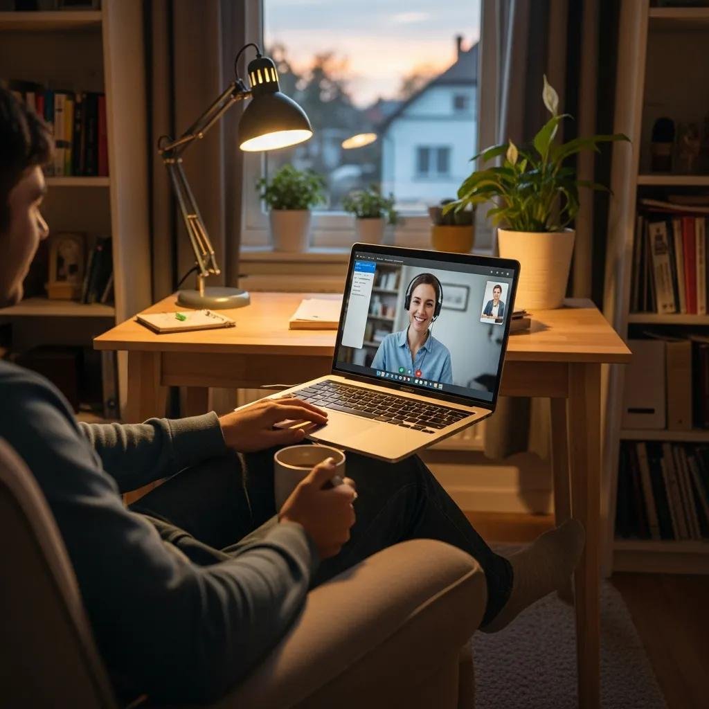 Person receiving remote tech support at home with a laptop and coffee