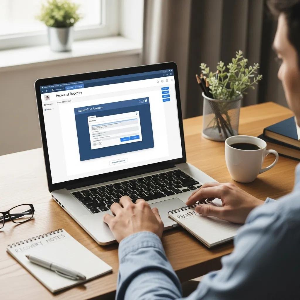 Person recovering deleted files remotely on a laptop in a cozy home office