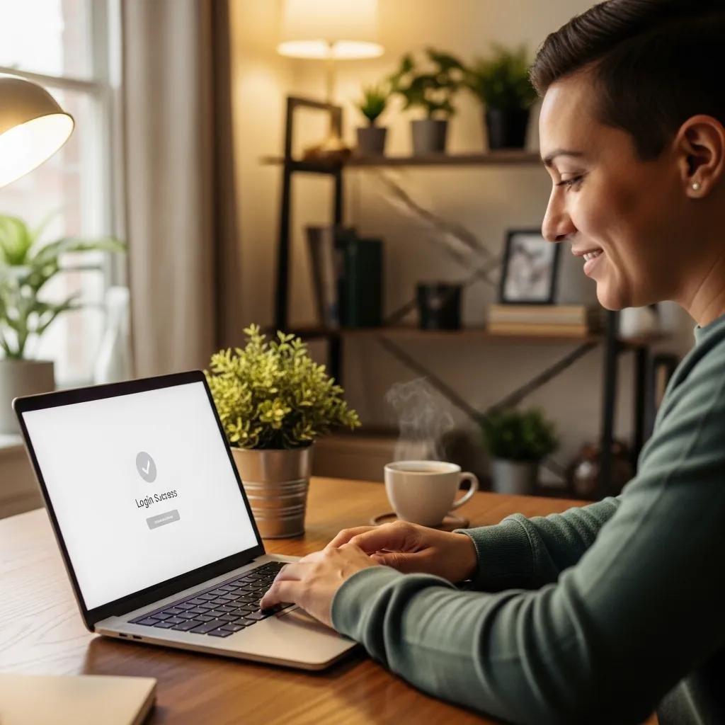 Person relieved after successfully logging into a MacBook in a cozy home office