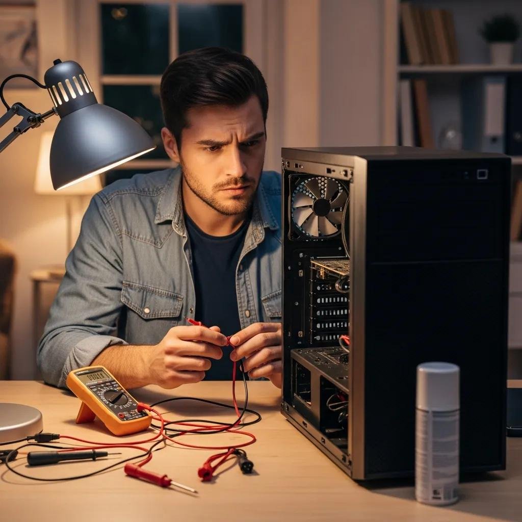 Person troubleshooting a computer in a home office, surrounded by tools and cables