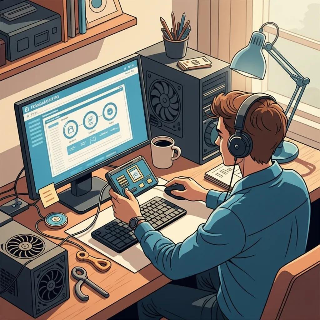 Person troubleshooting a computer with diagnostic tools and components on a desk