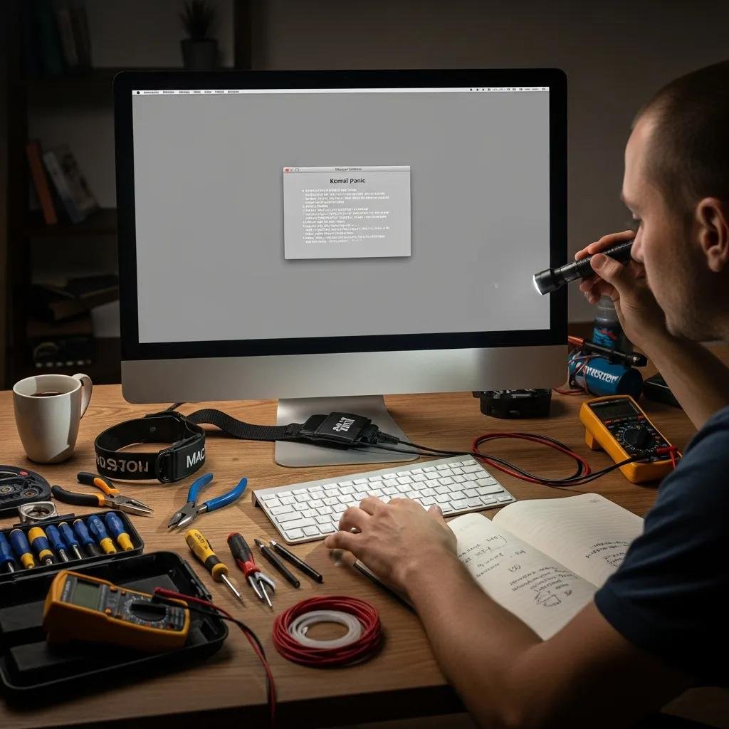 Person troubleshooting a Mac computer with kernel panic error message on screen