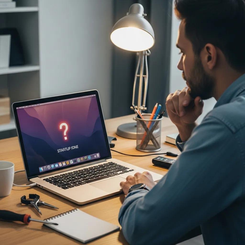 Person troubleshooting a MacBook displaying a startup issue in a bright workspace