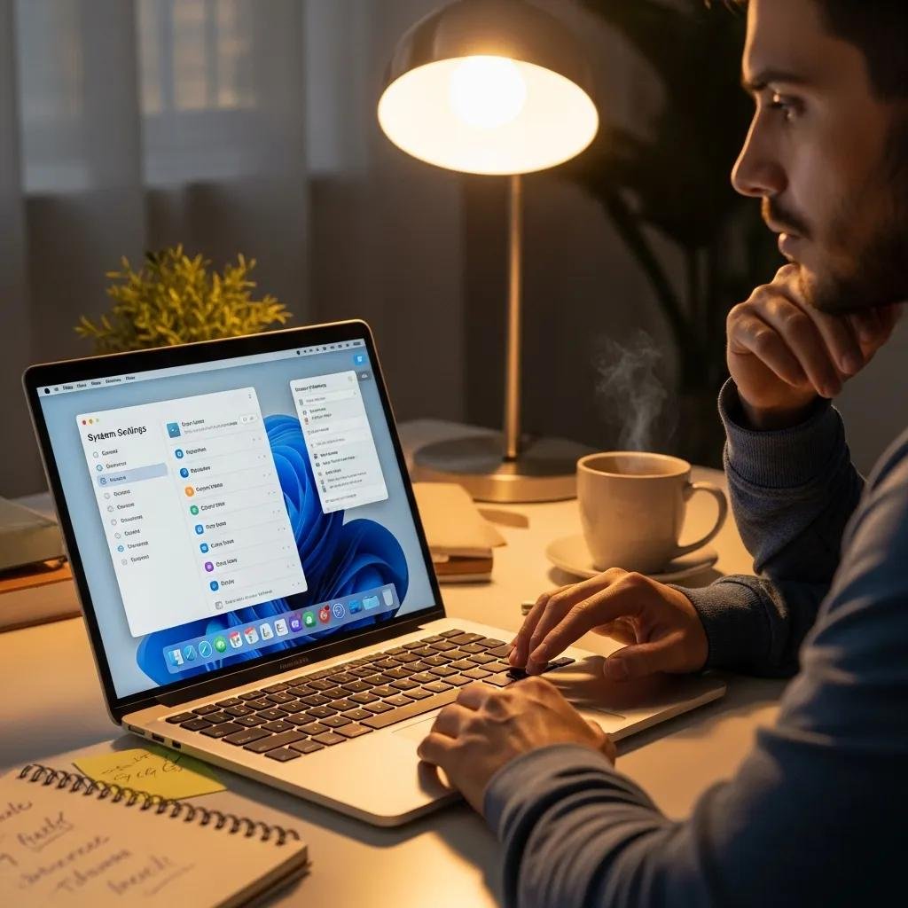 Person troubleshooting a MacBook in a cozy home office, focusing on system settings