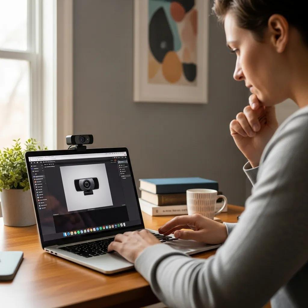 Person troubleshooting a webcam issue using a laptop in a home office setting